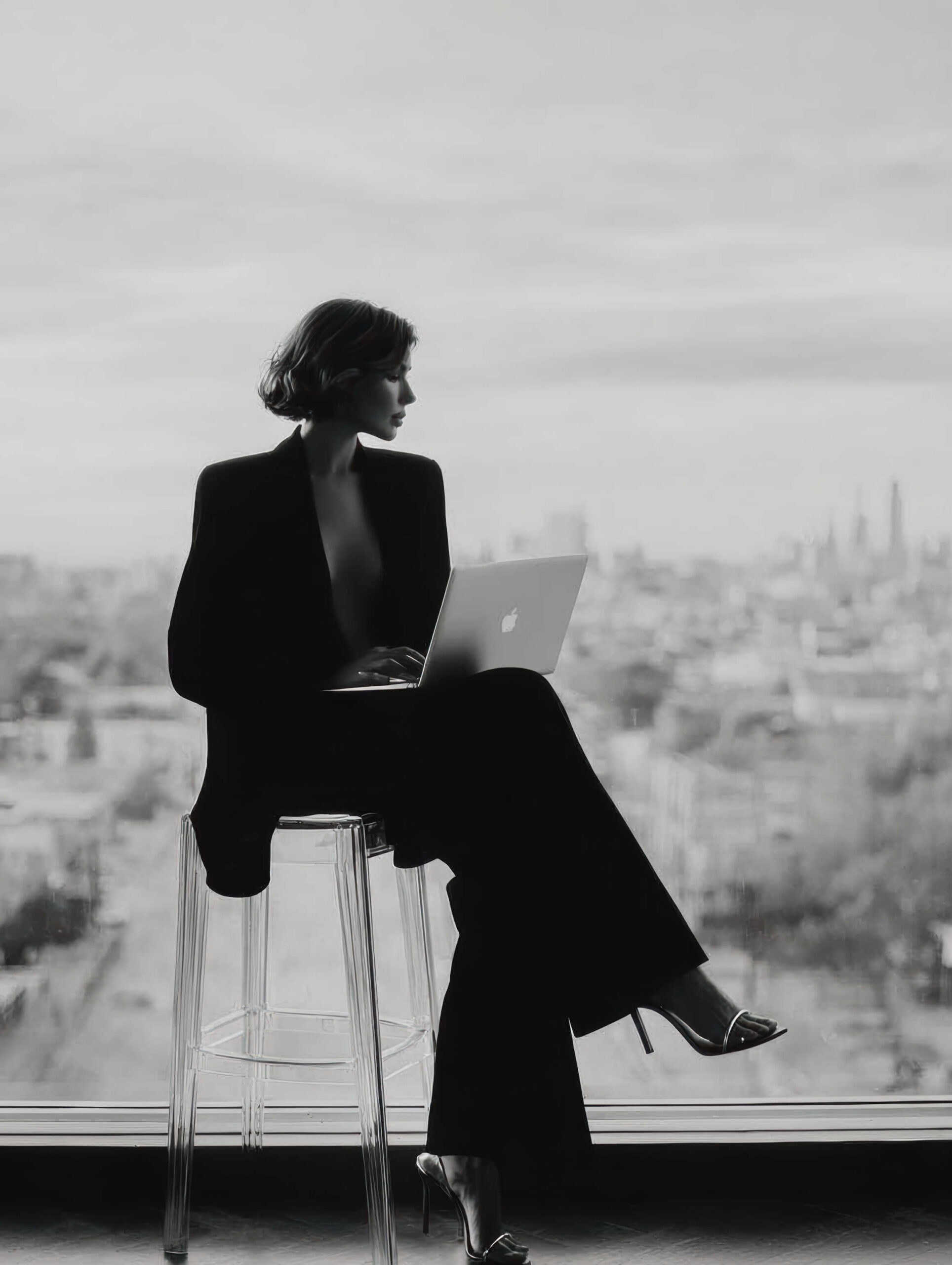elegant woman sitting alone alone on a chair outside with a laptop, ymbolizing the shift from offers to ecosystem — a streamlined path that guides buyers forward.