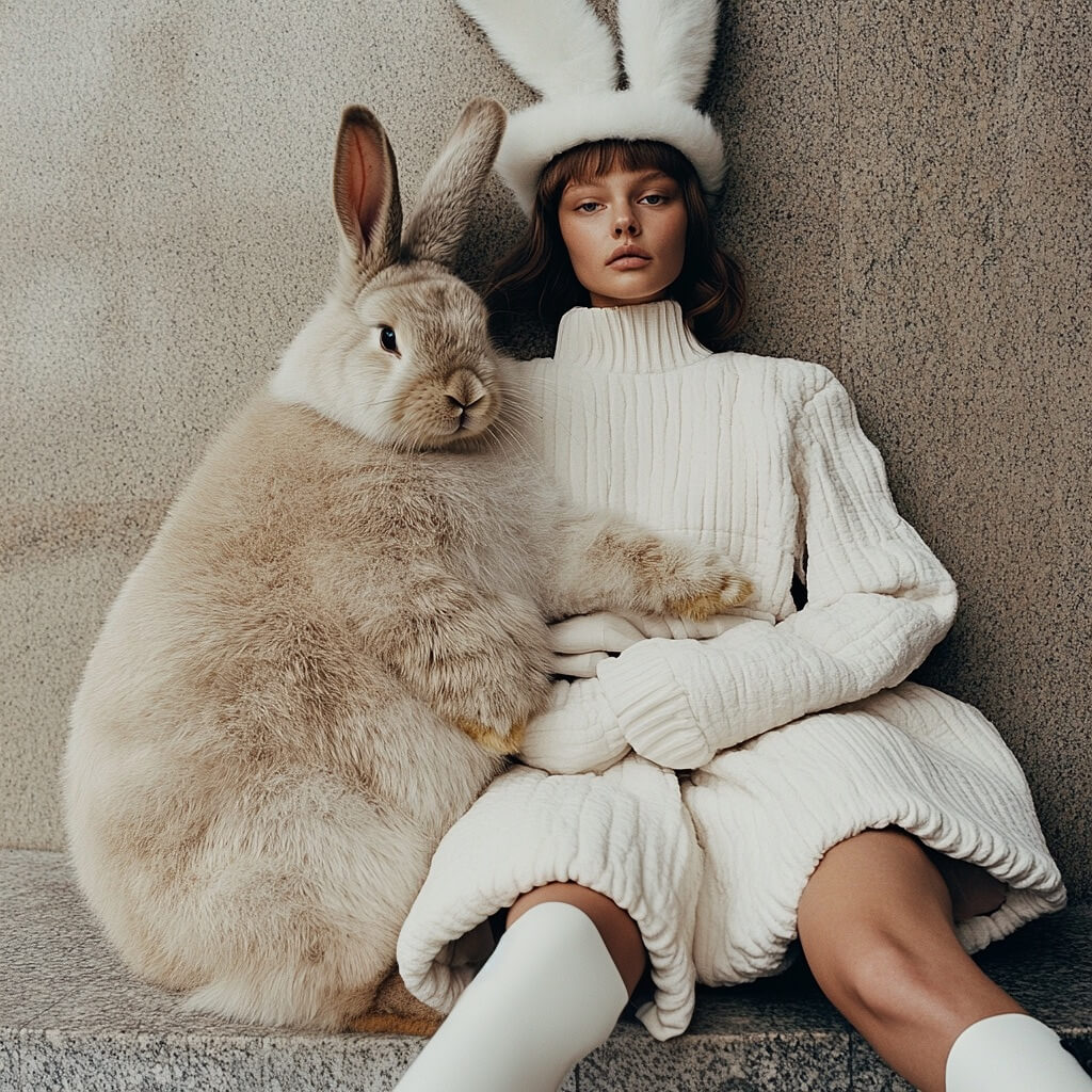 Founder with beautiful human sized bunny representing mapping systems to choose structure over spontaneity and create creative freedom in their business.